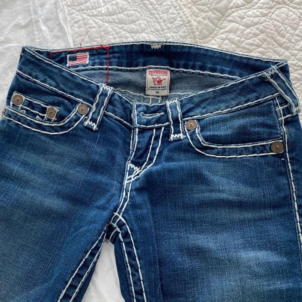 True Religion Johnny Super T low rise straight leg jeans.